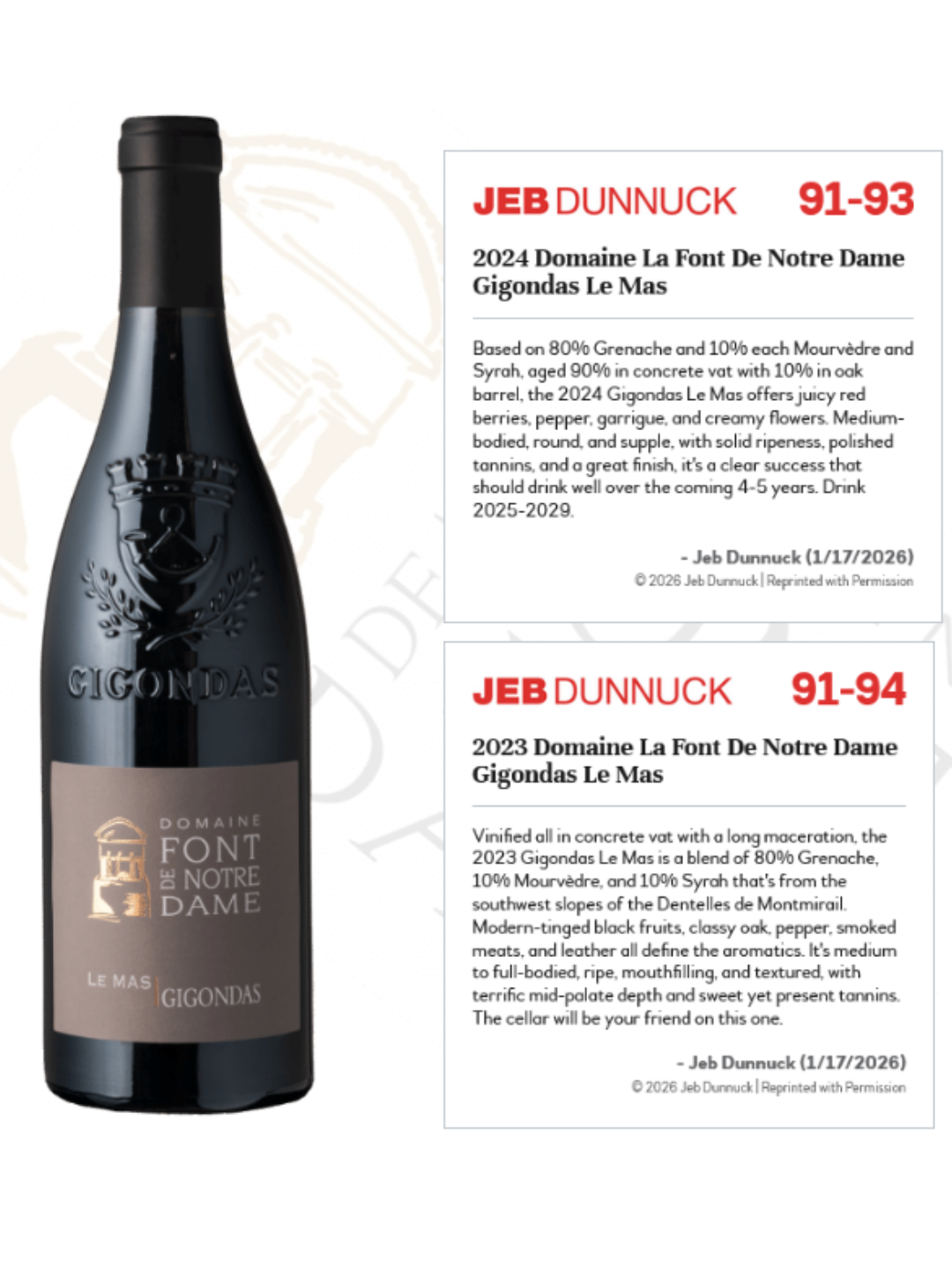 photo de la bouteille le Mas gigondas et notes au JEB DUNNUCK